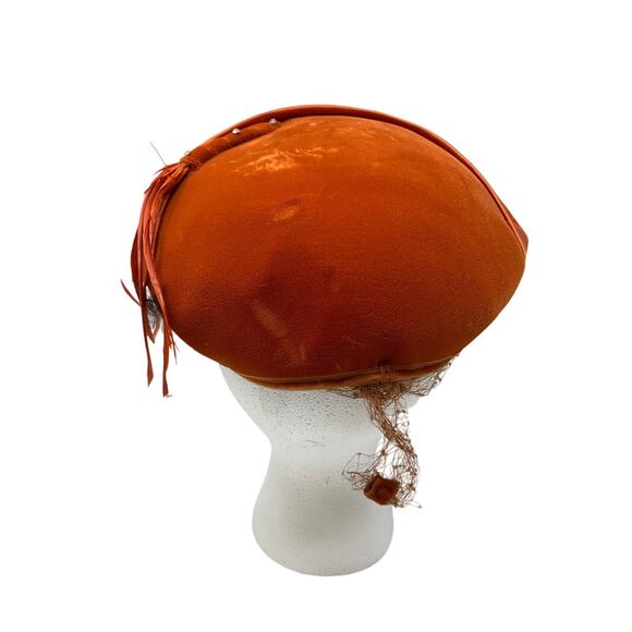 Vintage Orange Velvet Cocktail Hat Feather Trim Veil 1950s 1960s Fascinator - Picture 3 of 8